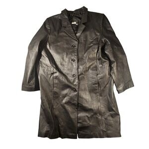 Via Accenti Leather Coat Womens A8 Black Button Front Long Lined Overcoat‎